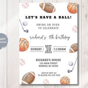 SPORTS Birthday Invitation Template, Baseball, Football, Golf, Basketball, Sports Theme Bday Invite, Printable Editable Digital Download