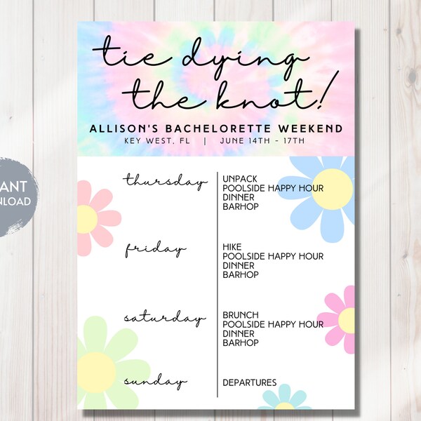 Tie Dying The Knot Bachelorette Weekend Itinerary Template, Tie Dye the Knot, Groovy Bach Bash, Florida, Cancun, Hen, Printable, Evite