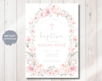 May include: A pink and white floral baptism invitation with a cross and the text "Join us to celebrate the baptism of our daughter Naomi Rose, July 22, 11am, St. Mary's Church, 123 Baptism Lane, Warren, NC 28395, RSVP to Angelica at [phone number] by June 30th."