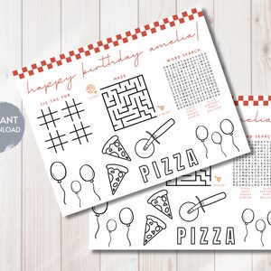 May include: Printable black and white pizza party game for a child's birthday. The game includes a word search, maze, and tic-tac-toe. The text on the game says "happy birthday amelia!"
