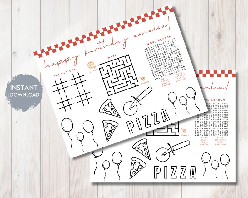 May include: Printable black and white pizza party game for a child's birthday. The game includes a word search, maze, and tic-tac-toe. The text on the game says "happy birthday amelia!"
