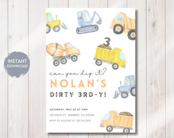 Construction Dirty 3RD-Y Birthday Invitation Template, Construction Trucks 3rd B-Day Invite, Digger Truck Party, Editable Instant Download