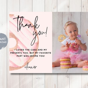 Bedankkaart donut thema, Sweet One verjaardagsthema, roze donut verjaardag bedankje, afdrukbare bewerkbare sjabloon, aanpasbaar, DIY