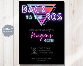 BACK TO THE 80's, 40th Birthday Invitation Template, Editable Instant Download, Retro, Throwback, Neon, 1980s, Theme, Printable, diy