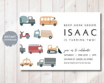 Transportation Birthday Invitation, Trucks, Cars (Digital Download)
