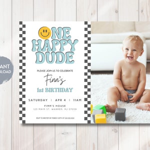 Convite de aniversário One Happy Dude, convite com foto One Happy Dude, 1º aniversário retrô, modelo editável para impressão, DOWNLOAD INSTANTÂNEO, faça você mesmo
