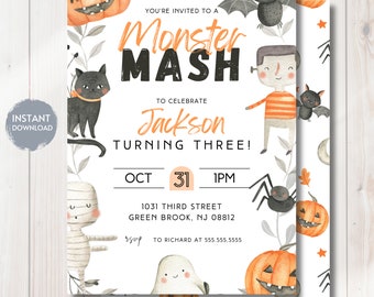 May include: A white Halloween party invitation card titled Monster Mash for Jackson turning three. Features watercolor illustrations of a pumpkin, black cat, bat, mummy, ghost, and Frankenstein-style character with event details and address.
