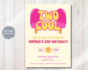 TWO COOL POPSICLE Birthday Invitation, Retro Ice Pop Bday Invite, Summer 2nd Bday, Printable Editable  Digital Download Template, Evite