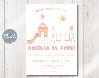 Playground Birthday Invitation, Girl Park Bday Party Invite Editable Template Invite, Pink Outdoor Bday Invite, Run Jump Slide Play Birthday