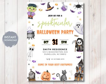 Puede incluir: Invitación a una fiesta de Halloween con ilustraciones de un monstruo de Frankenstein, un fantasma, una calabaza y una casa embrujada. La invitación incluye el texto "Join us for a spooktacular Halloween Party" y los detalles del evento.