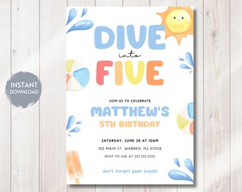 May include: A blue and yellow birthday invitation with the text "Dive into Five" and a sun with a smiling face. The invitation is for Matthew's 5th birthday party and includes the date, time, location, and RSVP information.
