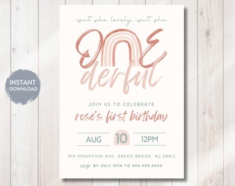 ONEDERFUL Birthday Invitation Template, Isn't She Wonderful 1st Bday Invite, Rainbow Boho Printable Editable Instant Digital Download, Evite