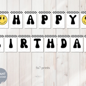 Faixa de feliz aniversário com rosto sorridente retrô, um cara legal, cinco é uma vibe, dois legais, modelo digital para impressão, DOWNLOAD INSTANTÂNEO, faça você mesmo