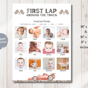 Letrero con foto de hito de RACECAR, decoración de primera vuelta de carrera, cumpleaños de coche de carreras rojo, letrero con foto de primer cumpleaños, plantilla editable, descarga instantánea, bricolaje