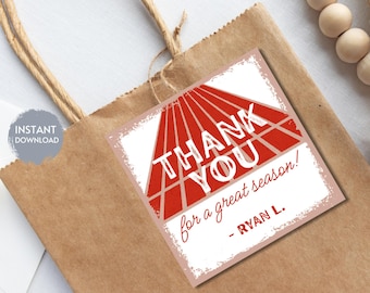Plantilla de etiqueta para la temporada de atletismo, etiqueta de regalo de fin de temporada, etiqueta de recuerdo de gran temporada, gracias por una gran temporada, imprimible y personalizada.
