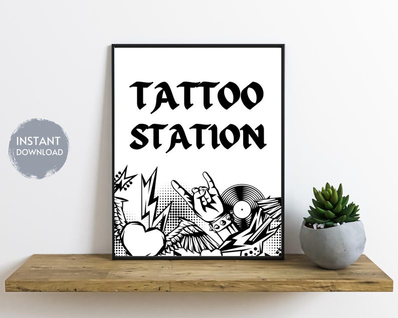 May include: Black and white printable sign with the text "Tattoo Station" in a bold font. The sign features a graphic of a hand with a lightning bolt and a record.
