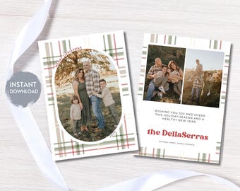 May include: Holiday greeting cards with family photos. The cards feature a plaid pattern in red, green, and white. One card has a family photo in an oval frame with "MERRY CHRISTMAS" text. The other card has two family photos and the text "WISHING YOU JOY AND CHEER THIS HOLIDAY SEASON AND A HEALTHY NEW YEAR".