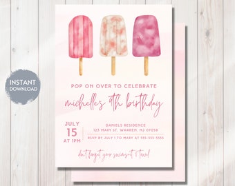 POPSICLE Birthday Invitation, Ice Pop Bday Invite, Any Age Pool Party, Summer, Printable Editable Instant Digital Download Template, Evite