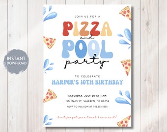 PIZZA POOL PARTY Bday Invitation, Pizza Party, Fun in the Sun, Splish Splash Invite, Splash Pad, Swimming Pool, Editable Digital Download