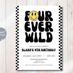 Convite de aniversário Four Ever Wild, convite com rosto sorridente, aniversário retrô, 4º aniversário, modelo digital editável para impressão, DOWNLOAD INSTANTÂNEO, faça você mesmo
