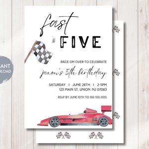 FAST AND FIVE verjaardagsuitnodiging, racewagenuitnodiging, rode raceauto verjaardag, 5e verjaardag, bewerkbare digitale sjabloon, direct downloaden, doe-het-zelf