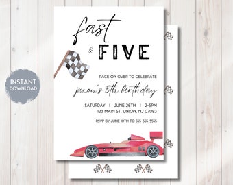 FAST AND FIVE Birthday Invitation, Race Car Invitation, Red Race Car Birthday, 5th bday, Editable Digital Template, Instant Download, diy