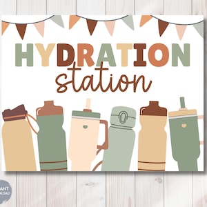 May include: A white sign with the words "HYDRATION station" in green, brown, and orange lettering. Below the text are illustrations of six water bottles in various colors. A banner of triangular flags is at the top of the sign.