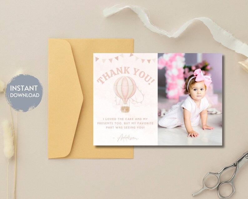 HOT AIR BALLOON First Birthday Thank You Card, Photo Thank You Card ...