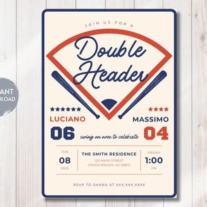May include: Baseball-themed invitation with a cream background and navy blue and red accents. The text "Double Header" is displayed above the names Luciano and Massimo, with the numbers 06 and 04. Includes event details and RSVP information.