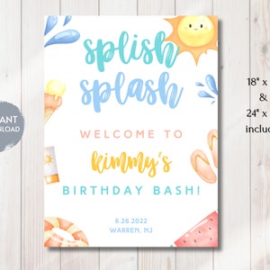 Splish Splash WELCOME SIGN Template, Splash Pad Birthday Signage, Pool Party Signage, Splish Splash Birthday Bash, DIY, Instant Download