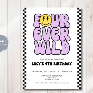 Convite de aniversário Four Ever Wild, convite com rosto sorridente, aniversário retrô, 4º aniversário, modelo digital editável para impressão, DOWNLOAD INSTANTÂNEO, faça você mesmo