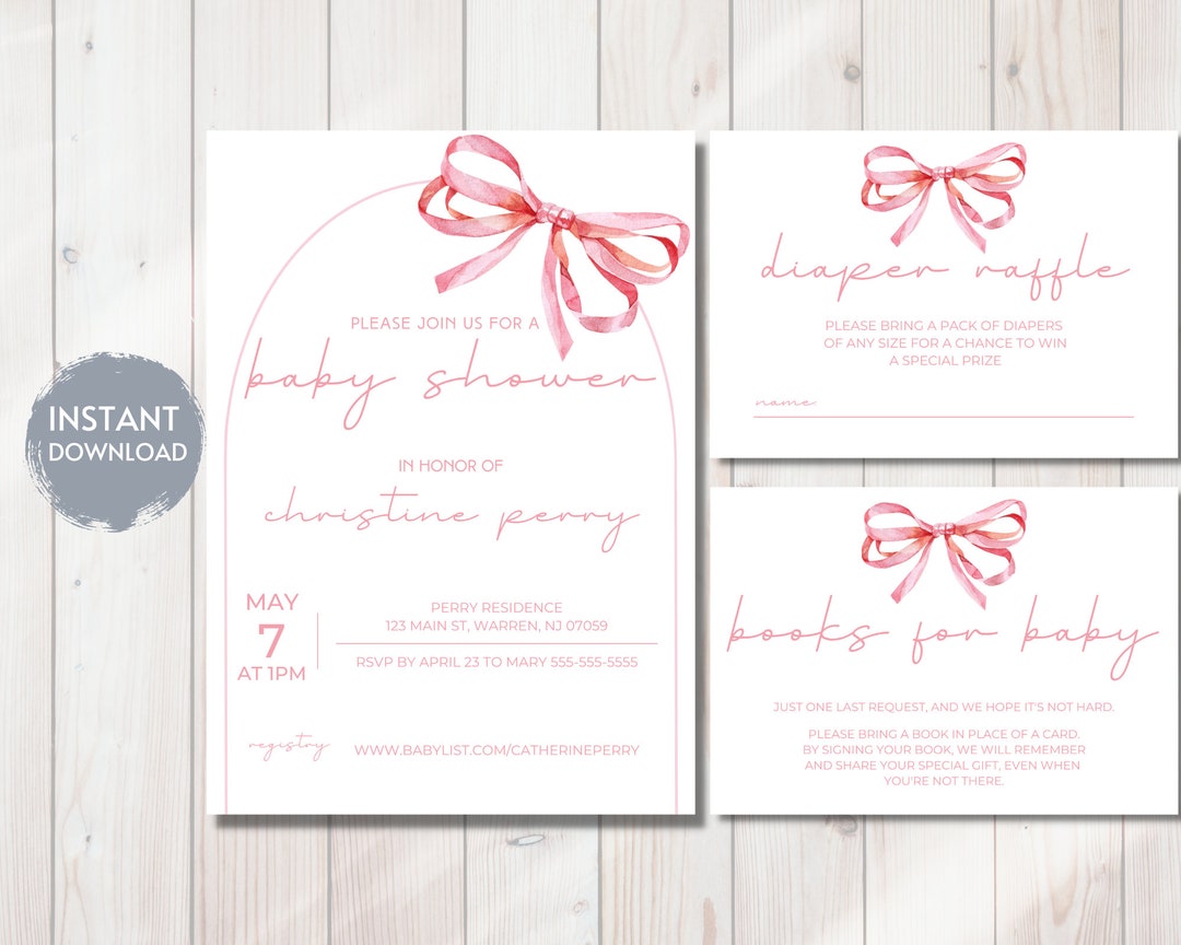 Pink Bow Baby Shower Invitation Set, Editable Template (digital) - Etsy