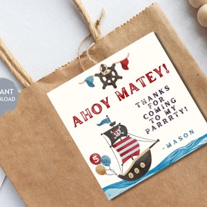 Pirate Birthday Sticker Template, Ahoy Matey Thank You Sticker,  Pirate Theme Favor Tag, Printable Editable Instant Digital Download, DIY