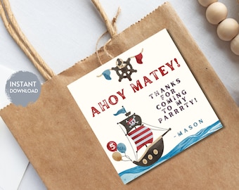 May include: Ahoy Matey!  Thank you for coming to my party!  A printable favor tag with a pirate ship, balloons, and the text "Ahoy Matey! Thanks for coming to my party! - Mason".