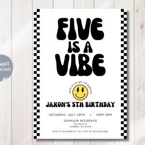 Convite de aniversário FIVE is a Vibe, convite com rosto sorridente, 5º aniversário retrô, modelo digital editável para impressão, download instantâneo, faça você mesmo