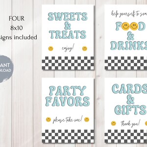 Puede incluir: Cuatro carteles imprimibles de 20,3 x 25,4 cm con un tema retro de los años 70. Los carteles son azules y amarillos con un fondo a cuadros. Los carteles dicen "Sweets & Treats", "Food & Drinks", "Party Favors" y "Cards & Gifts".