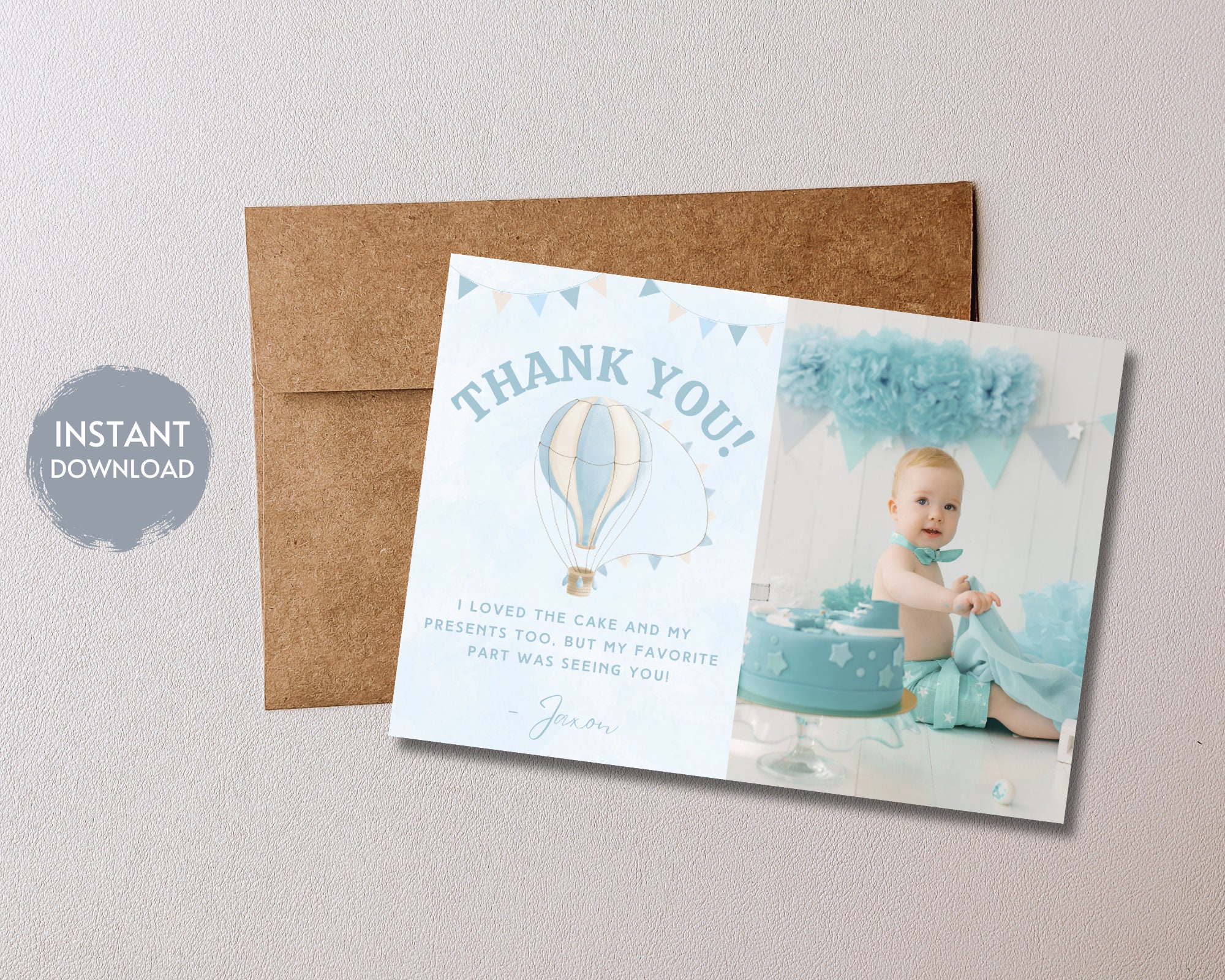 Hot Air Balloon First Birthday Thank You Card, Photo Thank You Card ...