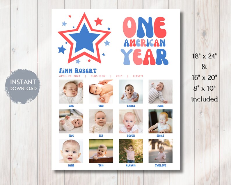 Milstolpeskylt för ONE American Dude, födelsedagsdekor för One American Babe, retro första födelsedag för fjärde juli, bilder på första året, redigerbar mall bild 1