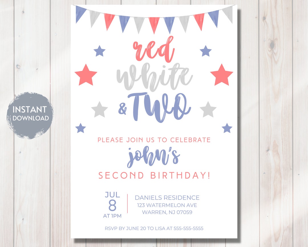 4th of July RED WHITE and TWO 2nd Birthday Invitation Template, Fourth ...
