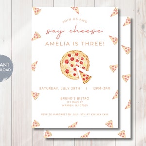 Pizza 3rd Birthday Invitation, SAY CHEESE, Pizza Party Invite, Third Bday Pizzeria Bday, Instant Download Editable Digital Template, DIY
