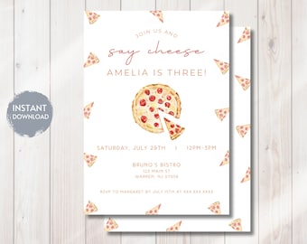 Invitación de cumpleaños número 3 con temática de pizza, ¡Digan queso!, Invitación para fiesta de pizza, Tercer cumpleaños en pizzería, Plantilla digital editable de descarga instantánea, Hazlo tú mismo