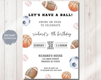 SPORTS Birthday Invitation Template, Baseball, Football, Soccer, Basketball, Sports Theme Bday Invite, Printable Editable Digital Download