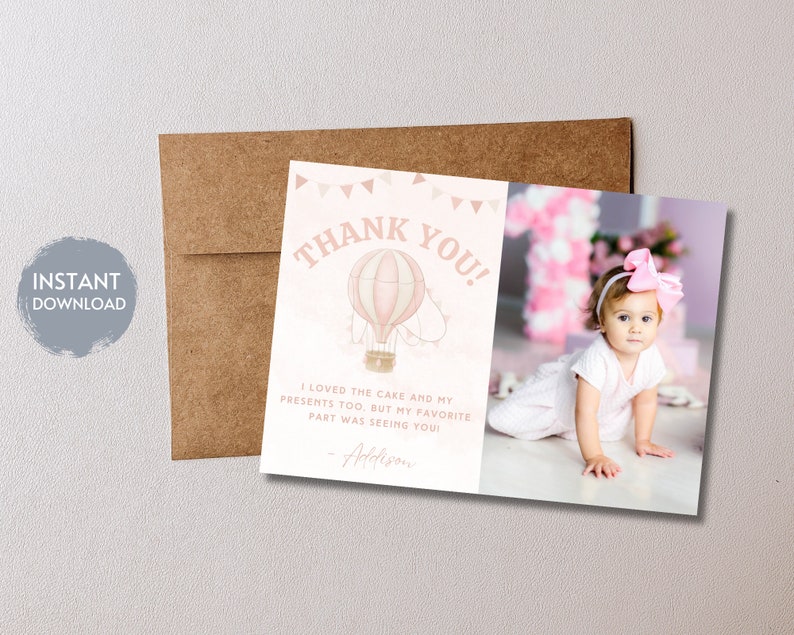 HOT AIR BALLOON First Birthday Thank You Card, Photo Thank You Card ...