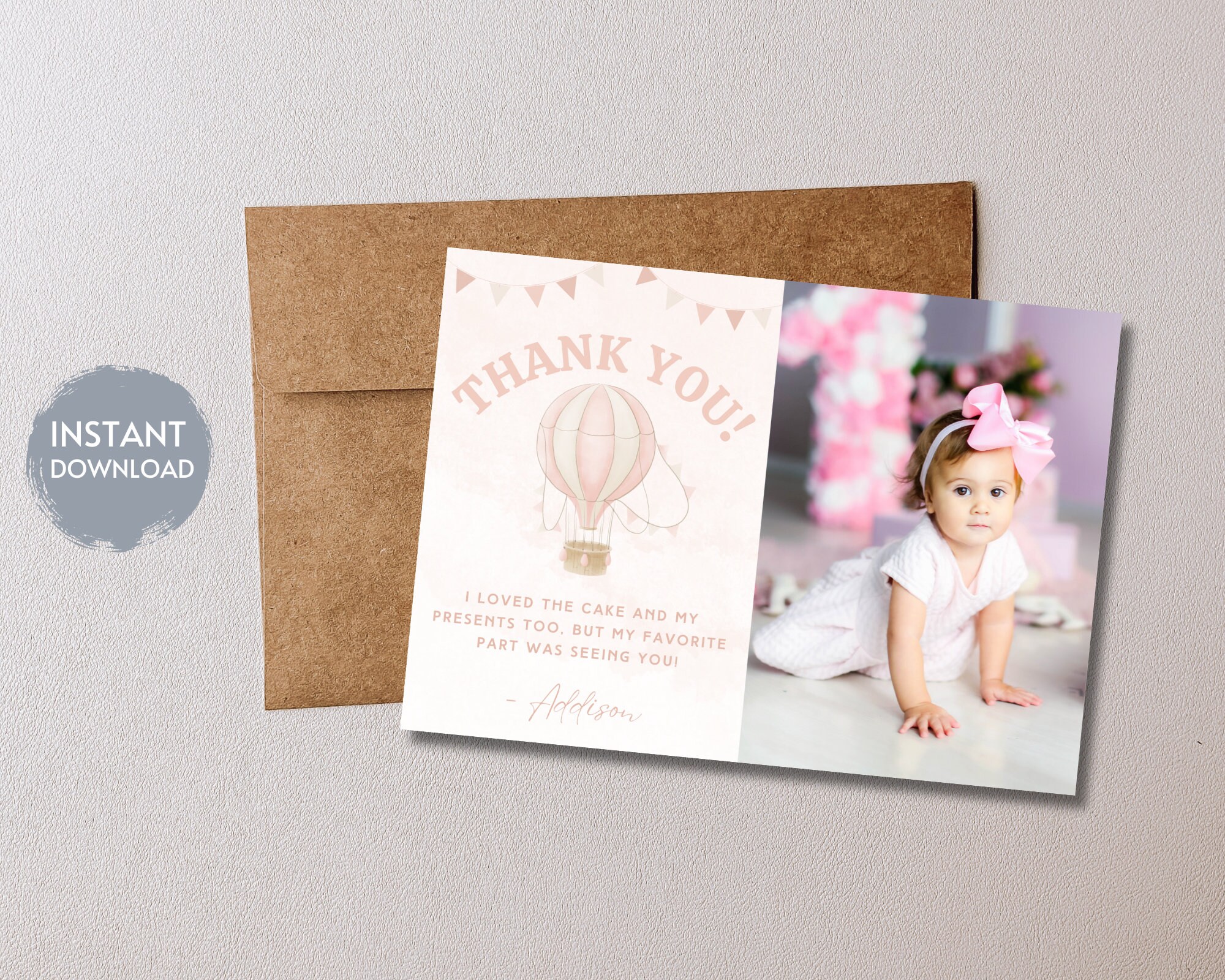 HOT AIR BALLOON First Birthday Thank You Card, Photo Thank You Card ...