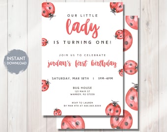 Ladybug First Birthday Invitation, Love Bug, Lady Bug theme, Bday Party, 1ST, Instant Download Editable Digital Template, DIY