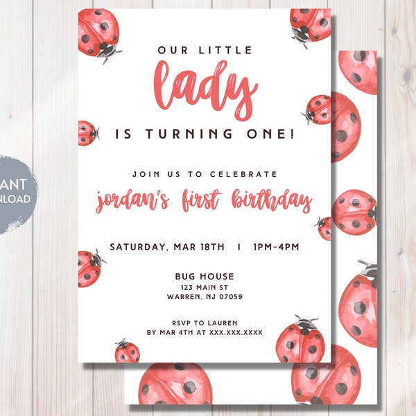 Ladybug First Birthday Invitation, Love Bug, Lady Bug theme, Bday Party, 1ST, Instant Download Editable Digital Template, DIY
