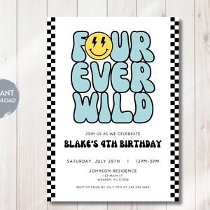 Convite de aniversário Four Ever Wild, convite com rosto sorridente, aniversário retrô, 4º aniversário, modelo digital editável para impressão, DOWNLOAD INSTANTÂNEO, faça você mesmo