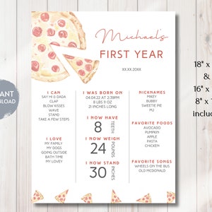 May include: A printable first year milestone chart for a baby boy named Michael. The chart features a pizza theme with watercolor illustrations of pizza slices. The chart includes milestones such as age, weight, height, and favorite foods and songs. The chart is available in three sizes: 18x24 inches, 16x20 inches, and 8x10 inches.