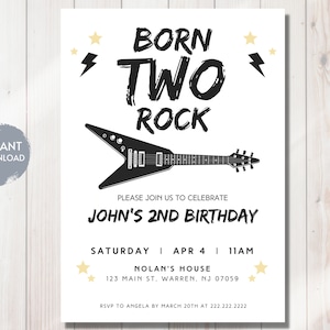 BORN TWO ROCK Birthday Invitation, Rock n Roll Guitar 2nd Birthday Invite, Second Bday, Editable Digital Template, Instant Download, diy