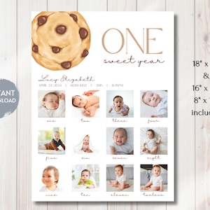 May include: A printable first birthday poster with a brown cookie illustration and the text "ONE sweet year". The poster includes 12 photo spaces for a baby's first year, with the numbers one through twelve printed below each space. The poster also includes the baby's name, birthdate, time, and weight. The poster is available in three sizes: 18 x 24 inches, 16 x 20 inches, and 8 x 10 inches.